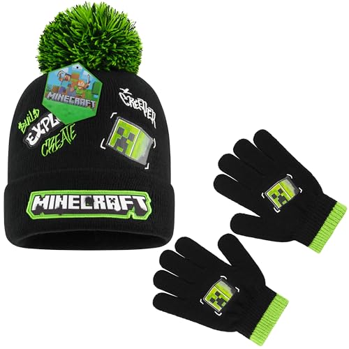 Minecraft Mütze Kinder Set mit Beanie & Handschuhe oder Winter Mütze, Handschuhe mit Schal, Creeper Geschenke für Jungen (6-14 Jahre, Grün Graffiti) von Minecraft
