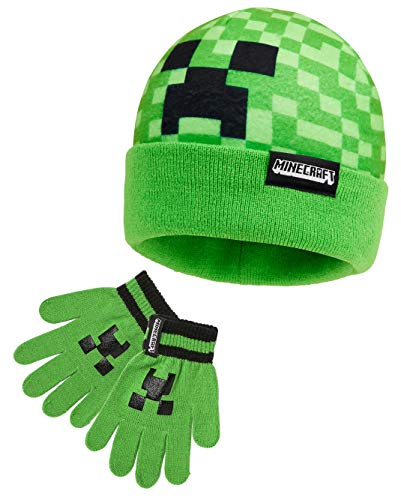 Minecraft Mütze Jungen Handschuhe Kinder Set, Creeper Wintermütze Kinder und Fleecehandschuhe Junge - Gaming Geschenke für Jungs (Grün Set 2 Stück) von Minecraft