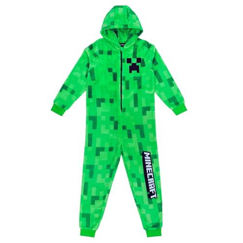 Minecraft Onesie Creeper Fleece Jumpsuit Sleepsuit Gamer Geschenk Schlafoverall mit Kapuze für Jungen (DE/NL/SE/PL, Numerisch, 140, Regular, Grün) von Minecraft