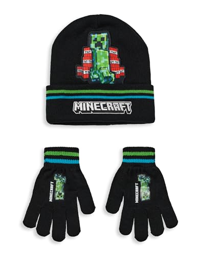 Minecraft Beanie- und Handschuhe-Set für Jungen, Gamer Kids TNT Creeper Graphic Strickmütze und Handschuhe, Schwarz, Einheitsgröße von Minecraft