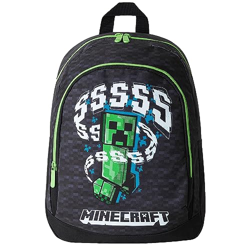 Minecraft Rucksack, School Bag mit Gepolsterten Trägern, Geräumig Kinder Rucksack, mit Großer Fronttasche & Mesh-Flaschenhalter, Schul Rucksack für Jungen & Mädchen, 39 x 29 x 16 cm, Schwarz Creeper von Minecraft