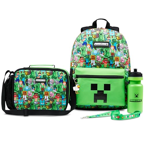 Minecraft Rucksack Kinder 5 Teilige Sets mit Lunchtasche Trinkflasche und Federmäppchen Turnbeutel oder Schlüsselanhänger Lanyard Gamer Geschenks (Grün AOP) von Minecraft