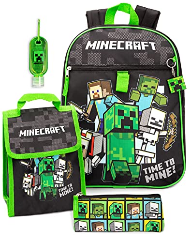 Minecraft Rucksack und Lunchbox für Kinder, Schulrucksack, 5-teilig, Einheitsgröße, Schwarz, Einheitsgröße, Schwarz, one Size von Minecraft