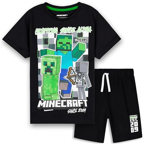 Minecraft Schlafanzug Jungen, Pyjama Set mit Kurzärmligem Oberteil & Pyjama Shorts mit Kordelzug - Gaming Geschenke Jungs (Schwarz, 11-12 Jahre) von Minecraft