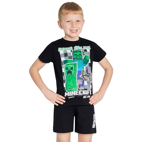 Minecraft Schlafanzug Jungen, Pyjama Set mit Kurzärmligem Oberteil & Pyjama Shorts mit Kordelzug - Gaming Geschenke Jungs (Schwarz, 13-14 Jahre) von Minecraft