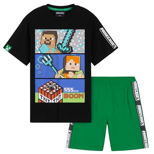 Minecraft Schlafanzug Jungen Kurz, Pyjama Set mit T-Shirt & Schlafshorts (Schwarz/Grün, 13-14 Jahre) von Minecraft