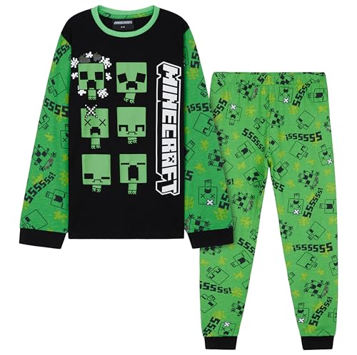 Minecraft Schlafanzug Kinder Baumwolle, Creeper Schlafanzug Jungen Lang mit Oberteil und Pyjamahose 7 bis 14 Jahren - Geschenke für Jungs (Grün/Schwarz, 7-8 Jahre) von Minecraft