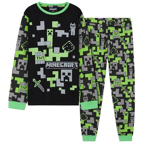 Minecraft Schlafanzug Kinder Baumwolle, Creeper Schlafanzug Jungen Lang mit Oberteil und Pyjamahose 7 bis 14 Jahren - Geschenke für Jungs (Schwarz/Grün, 9-10 Jahre) von Minecraft