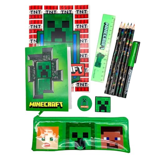 Minecraft Schreibwaren-Set mit Etui – Schulmaterial – 2 Notizbücher, Buntstifte, Radierer, Spitzer und Lineal – Charakter- und Creeper-Design, bunt, Mediano, Minecraft Schreibwaren-Set mit Etui von Minecraft