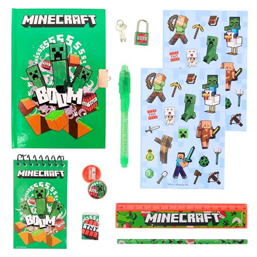 Minecraft Schreibwarenset, Enthält Lineal, Bleistift, Stift, Aufkleber, Radiergummi, Spitzer, Notizbuch und Schloss mit Schlüsseln, Geschenk Schreibwarenset für Jungen von Minecraft