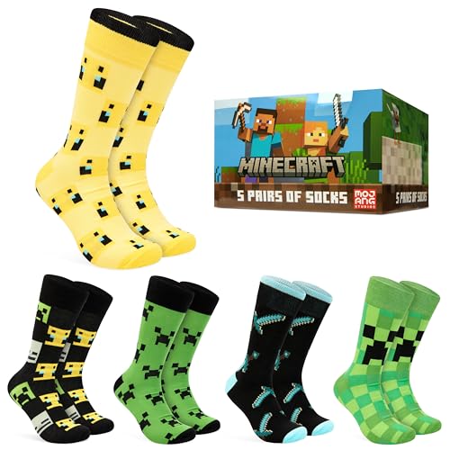 Minecraft Socken Herren, 5er-Pack Creeper Herren Socken Baumwolle, Lustige Socken Herren Größe 40.5-43.5 - Gamer Geschenk für Freund von Minecraft