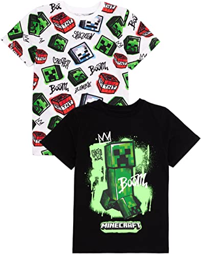 Minecraft T-Shirt 2er Pack Kinder | Jungen Mädchen Skelett Boom Creeper Spielcharaktere Schwarz und Weiß Top | Kurzarmbekleidung von Minecraft