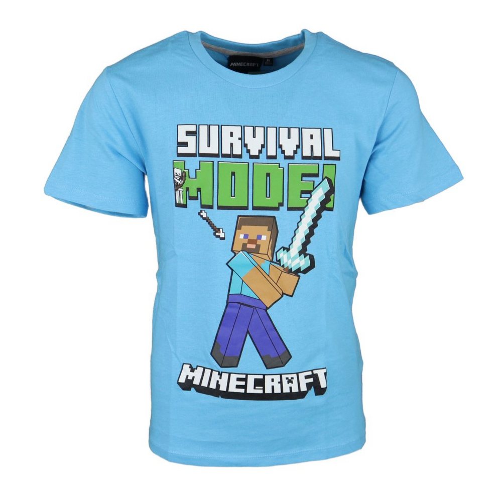 Minecraft T-Shirt Minecraft Steve Survival Mode Kinder Shirt Gr. 116 bis 152, 100% Baumwolle, in Hellblau von Minecraft