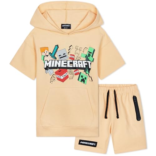 Minecraft Trainingsanzug Kinder Teens 2er Sommer Sport Hoodie Jogginganzug Set Kapuzenpullover für Jungen und Shorts Bekleidungssets (9-10 Jahre, Pfirsich) von Minecraft