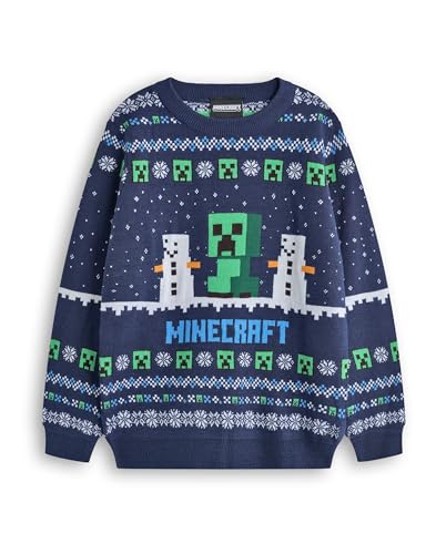 Minecraft Weihnachtspullover für Jungen | Kinder-Strickpullover mit Creeper- und Schneegolem-Charakteren in Blau | Selburose-Muster-Festtagspullover für Kinder mit Schneemännern von Minecraft