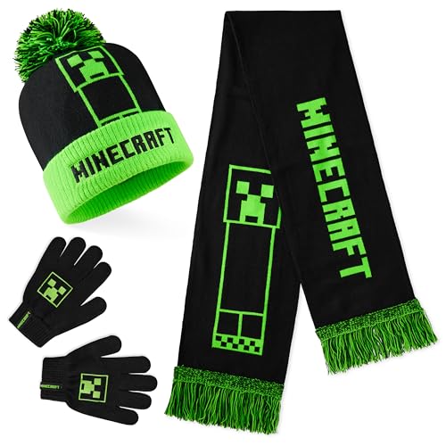 Minecraft Mütze Jungen, Schal und Handschuhe Kinder Sets, Creeper Strickmütze Winter Mütze Schal Handschuhe Set Kinder - Geschenke für Jungs (Grün/Schwarz, 8-12 Jahre) von Minecraft