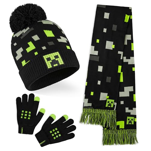 Minecraft Mütze Jungen, Schal und Handschuhe Kinder Sets, Creeper Strickmütze Winter Mütze Schal Handschuhe Set Kinder - Geschenke für Jungs (Schwarz/Grün, 4-7 Jahre) von Minecraft