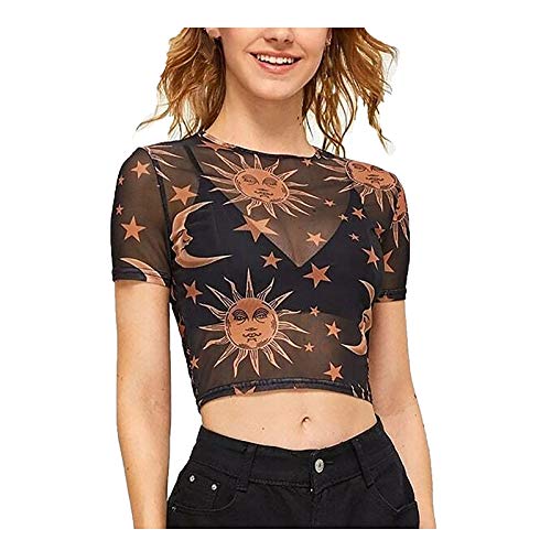 Damen Crop Tops Sheer Mesh Kurzarm Casual T-Shirt Transparent Sonne Mond Druck Bluse Tunika Netz Rundhalsausschnitt Sommertops Gaze Kurz Oberteile von Minenany