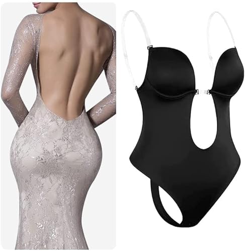 Minenany Invishaper - Plunge Damen BH RüCkenfreie Body Tiefen RüCkenausschnitt Formende Bodys Bodysuit Haken Shaping Unterwäsche Rückenfreier Tiefer V Ausschnitt,Unsichtbar Push up BHS,01Black,XL von Minenany