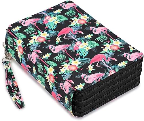 Miners2000 Federmäppchen mit 200 Fächern – Deluxe-Federmäppchen aus PU-Leder mit abnehmbarem Griff, große Stiftebox für Buntstifte, Aquarellstifte, Weißer Marmor, Box, Deluxe, tragbar (Black Flamingo) von Miners2000