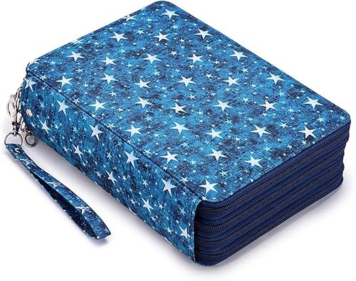 Miners2000 Federmäppchen mit 200 Fächern – Deluxe-Federmäppchen aus PU-Leder mit abnehmbarem Griff, große Stiftebox für Buntstifte, Aquarellstifte, Weißer Marmor, Box, Deluxe, tragbar (Blue Star) von Miners2000