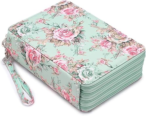 Miners2000 Federmäppchen mit 200 Fächern – Deluxe-Federmäppchen aus PU-Leder mit abnehmbarem Griff, große Stiftebox für Buntstifte, Aquarellstifte, Weißer Marmor, Box, Deluxe, tragbar (Green Rose) von Miners2000