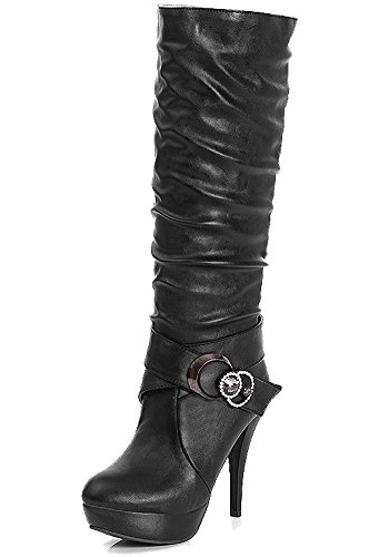 Damen Wasserdichte Stiefel Mit Hohen Absätzen Fein Stiefel Elegant Langschaftstiefel Strasssteine Gürtelschnalle Schuhe Schwarz EU 38 von Minetom