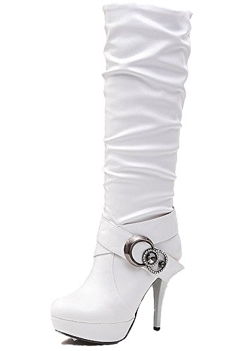 Damen Wasserdichte Stiefel Mit Hohen Absätzen Fein Stiefel Elegant Langschaftstiefel Strasssteine Gürtelschnalle Schuhe Weiß EU 35 von Minetom