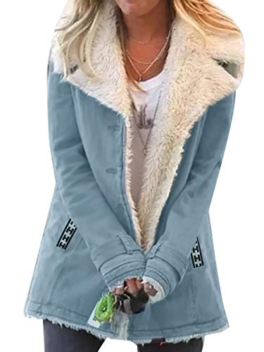 Damen Winterjacke Warm Verdicken Mantel Mit Plüsch Wintermantel Lange Daunenjacke Jacke Outwear Winter Warm Trenchcoat mit Tasche Blau 50 von Minetom