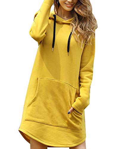 Kapuzenpullover Damen Lang Damen Hoodie Kleid Hoodie Lang Damen mit Kapuze Herbst Minikleid Sweatshirt Lang Oversize Mit Tasche (36, Gelb) von Minetom