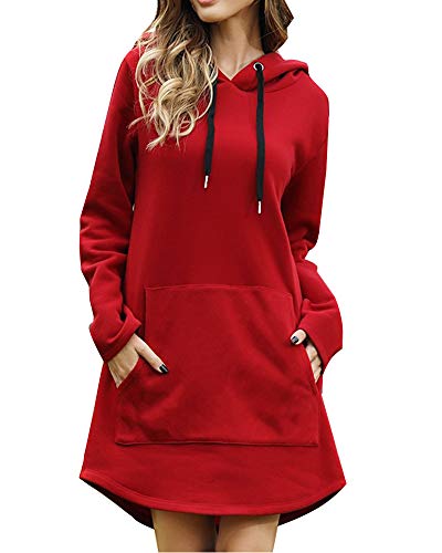 Kapuzenpullover Damen Lang Damen Hoodie Kleid Hoodie Lang Damen mit Kapuze Herbst Minikleid Sweatshirt Lang Oversize Mit Tasche (46, Rot) von Minetom