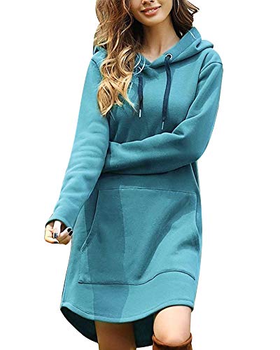 Kapuzenpullover Damen Lang Damen Hoodie Kleid Hoodie Lang Damen mit Kapuze Herbst Minikleid Sweatshirt Lang Oversize Mit Tasche Blau 36 von Minetom