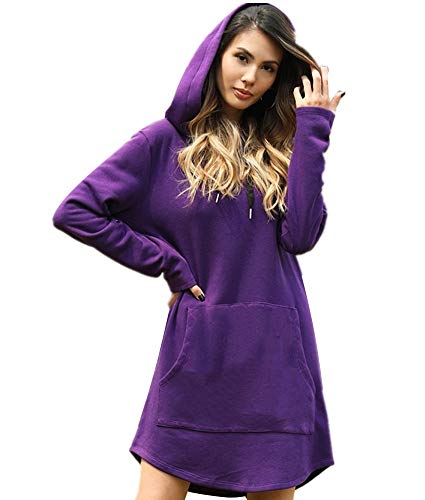 Kapuzenpullover Damen Lang Damen Hoodie Kleid Hoodie Lang Damen mit Kapuze Herbst Minikleid Sweatshirt Lang Oversize Mit Tasche Violett 38 von Minetom