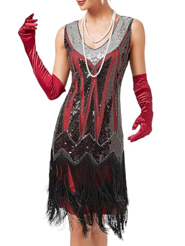 Minetom 1920S Kleid Damen Pailletten Flapper Kleid Ärmellos Gatsby Motto Cocktailkleid Abendkleid Partykleid Fransenkleid B Rot L von Minetom