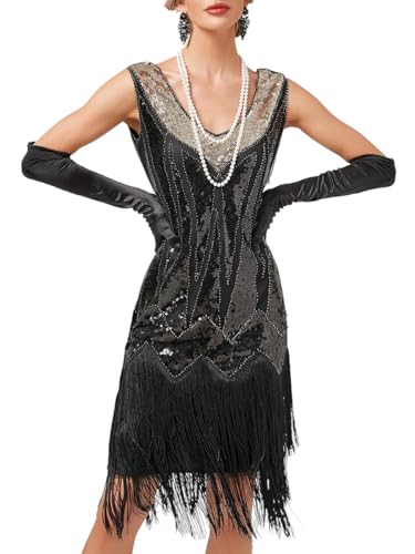 Minetom 1920S Kleid Damen Pailletten Flapper Kleid Ärmellos Gatsby Motto Cocktailkleid Abendkleid Partykleid Fransenkleid B Schwarz XXL von Minetom