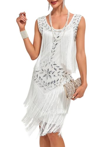 Minetom 1920S Kleid Damen Pailletten Flapper Kleid Ärmellos Gatsby Motto Cocktailkleid Abendkleid Partykleid Fransenkleid C Weiß M von Minetom