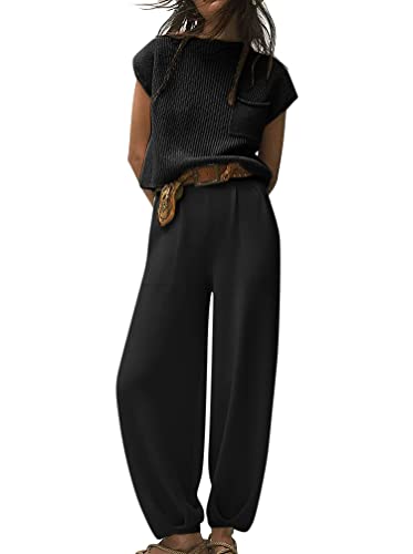 Minetom 2 Stück Strickanzug Damen Kurzarm Oberteile Pullover Strickpullover und Hosen Zweiteilige Anzug Hosenanzug Sportanzug Jogginganzug Freizeitanzug Streetwear Loungewear Set A Schwarz S von Minetom