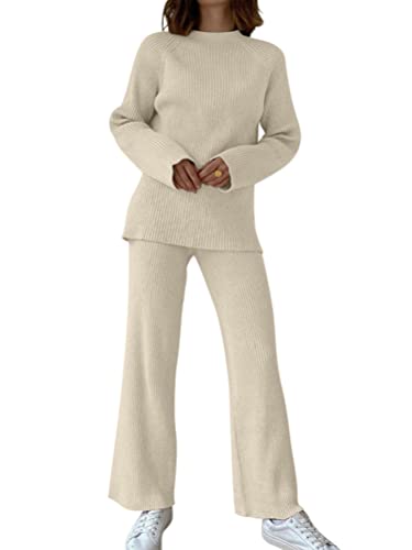 Minetom 2 Stück Strickanzug Damen Langarm Oberteile Pullover Rundhals Strickpullover und Hosen Zweiteilige Anzug Sportanzug Freizeitanzug Streetanzug Loungewear Set A Beige L von Minetom