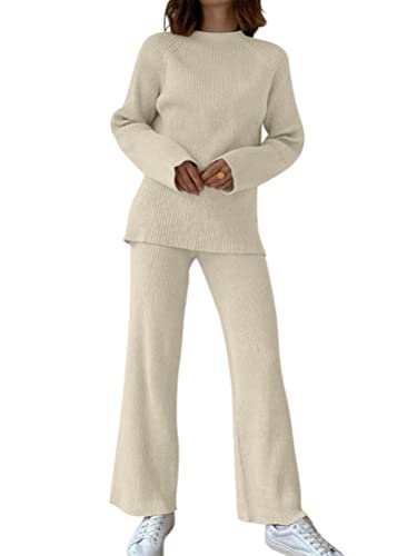 Minetom 2 Stück Strickanzug Damen Langarm Oberteile Pullover Rundhals Strickpullover und Hosen Zweiteilige Anzug Sportanzug Freizeitanzug Streetanzug Loungewear Set A Beige M von Minetom