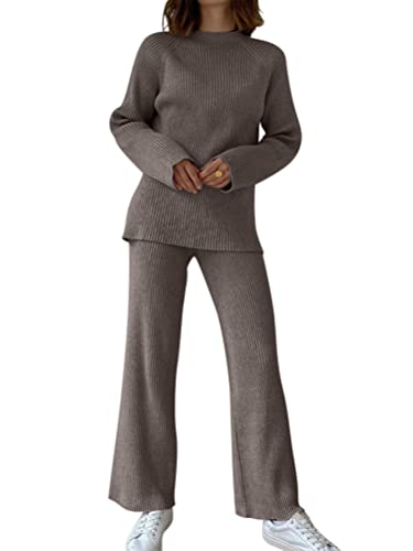 Minetom 2 Stück Strickanzug Damen Langarm Oberteile Pullover Rundhals Strickpullover und Hosen Zweiteilige Anzug Sportanzug Freizeitanzug Streetanzug Loungewear Set A Braun M von Minetom