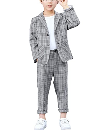 Minetom 2-teiliges Jungen Festlichen Anzug Set Plaid Kariertes Kinder Blazer und Hosen Outfit Freizeitkleidung Hochzeit Passt D Grau 120 von Minetom