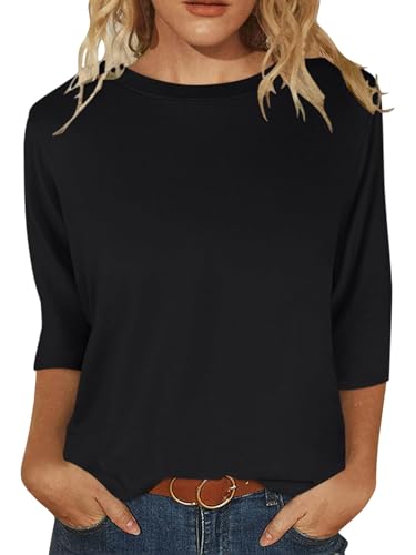 Minetom 3/4 Arm Shirt Damen Rundhals Tshirt Sommer Oberteil Pullover Tops Herbst Basic Shirt A Schwarz L von Minetom