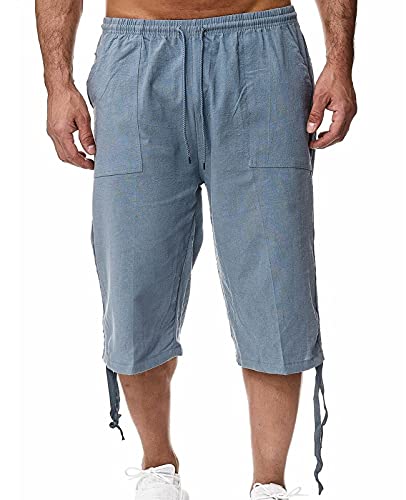 Minetom 3/4 Hose Herren Capri Shorts Männer Loose Bermuda Shorts Taschen Sommer Kordelzug Kurze Hose Leinen Jogginghose A Blau XXL von Minetom