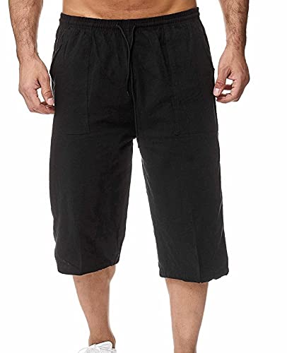 Minetom 3/4 Hose Herren Capri Shorts Männer Loose Bermuda Shorts Taschen Sommer Kordelzug Kurze Hose Leinen Jogginghose A Schwarz L von Minetom