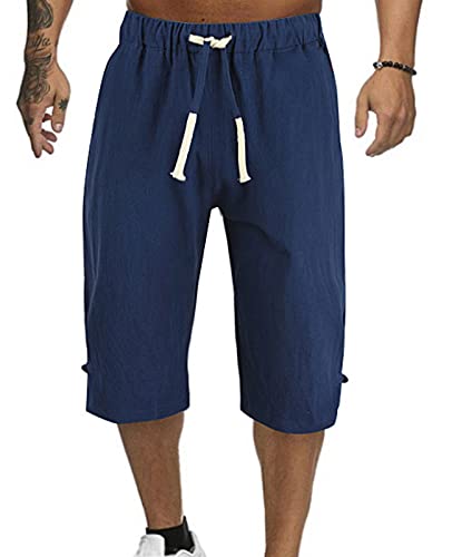 Minetom 3/4 Hose Herren Capri Shorts Männer Loose Bermuda Shorts Taschen Sommer Kordelzug Kurze Hose Leinen Jogginghose B Blau L von Minetom