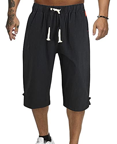 Minetom 3/4 Hose Herren Capri Shorts Männer Loose Bermuda Shorts Taschen Sommer Kordelzug Kurze Hose Leinen Jogginghose B Schwarz XL von Minetom