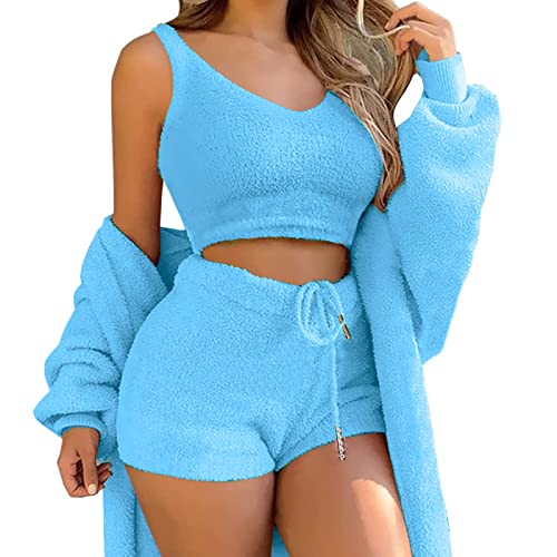 Minetom 3-Teiliges Lounge-Set Für Damen Plush Pyjamas Loungewear-Outfits Crop Tops Mit U-Ausschnitt Und Hoher Taille Hose Mit Offener Vorderseite Und Offener Strickjacke A Blau S von Minetom