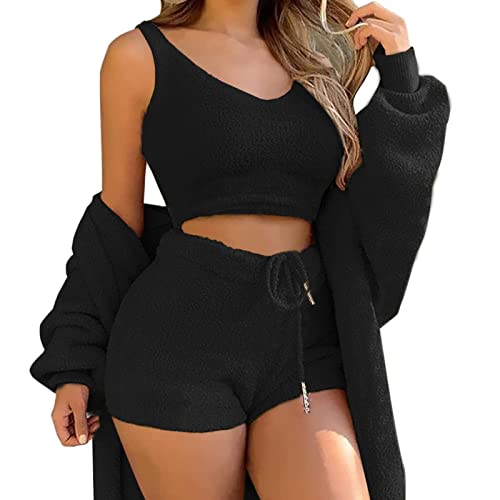 Minetom 3-Teiliges Lounge-Set Für Damen Plush Pyjamas Loungewear-Outfits Crop Tops Mit U-Ausschnitt Und Hoher Taille Hose Mit Offener Vorderseite Und Offener Strickjacke A Schwarz XL von Minetom