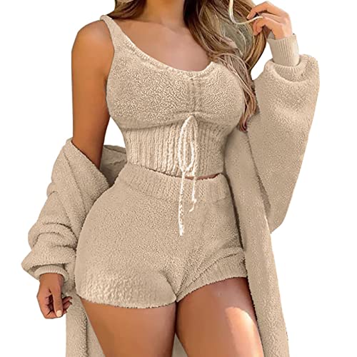 Minetom 3-Teiliges Lounge-Set Für Damen Plush Pyjamas Loungewear-Outfits Crop Tops Mit U-Ausschnitt Und Hoher Taille Hose Mit Offener Vorderseite Und Offener Strickjacke B Khaki S von Minetom