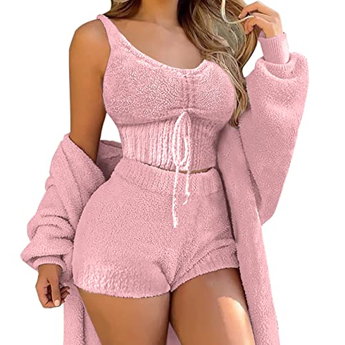 Minetom 3-Teiliges Lounge-Set Für Damen Plush Pyjamas Loungewear-Outfits Crop Tops Mit U-Ausschnitt Und Hoher Taille Hose Mit Offener Vorderseite Und Offener Strickjacke B Rosa XL von Minetom